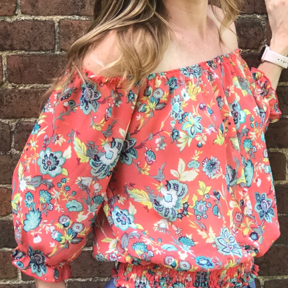 Floral Coral Off Shoulder Top - Picture 2 of 5